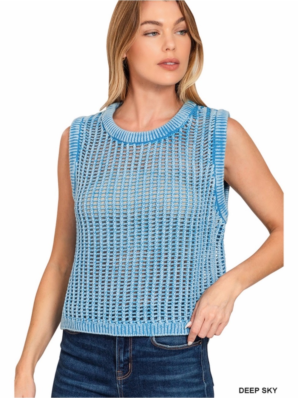 Zenana Acid Washed Fishnet Sweater Vest